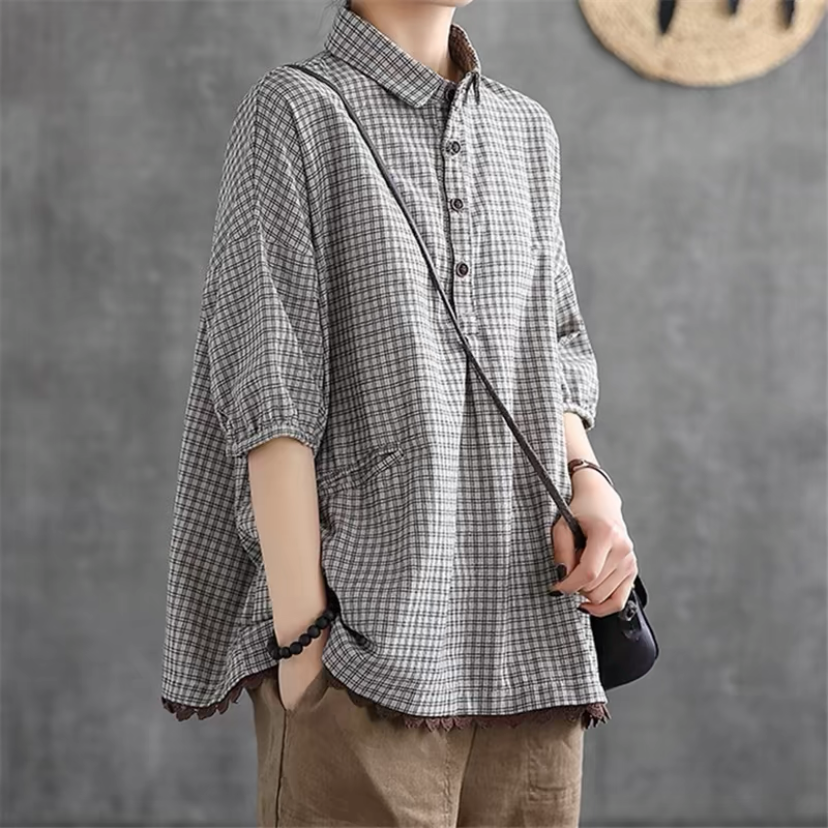 夏 綿麻風 シャツ 可愛い ゆったり チェック柄