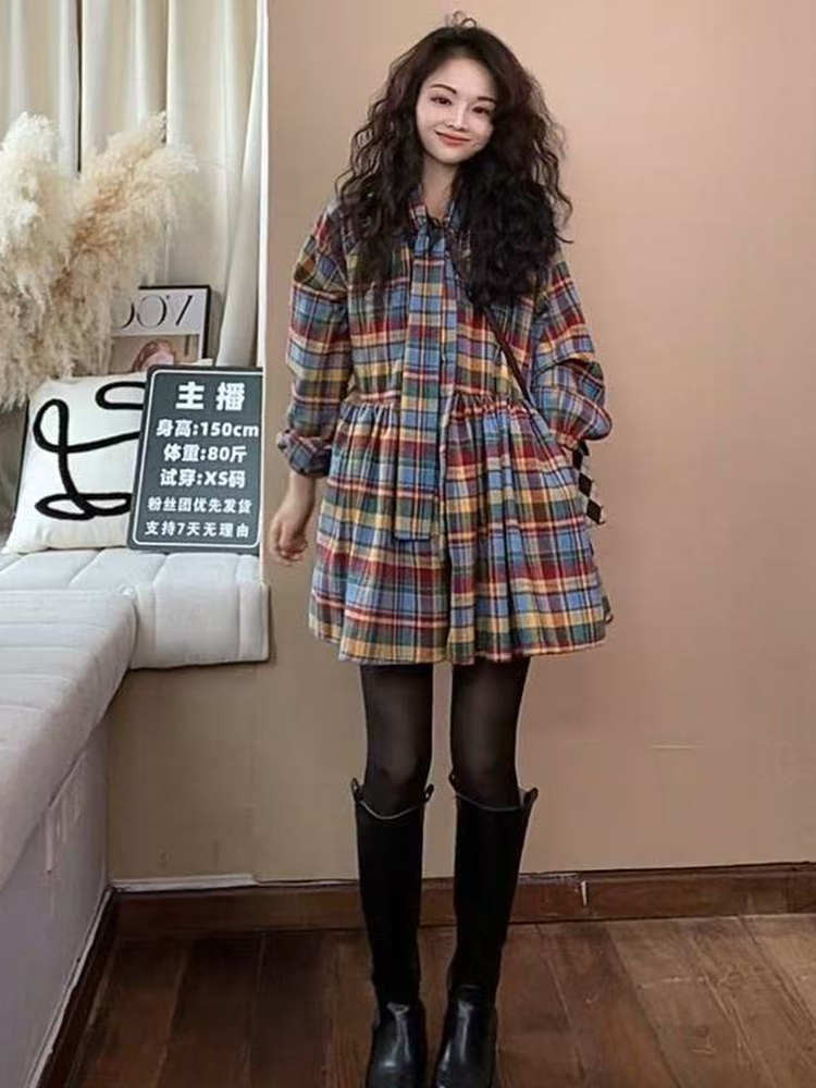 大きいサイズ レトロ リボン締め ウエスト締め チェック柄シャツ ヒップカバー スリム効果 ロングスリーブ ワンピース