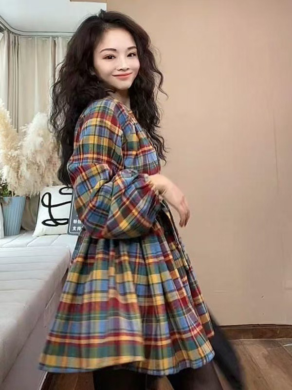 大きいサイズ レトロ リボン締め ウエスト締め チェック柄シャツ ヒップカバー スリム効果 ロングスリーブ ワンピース