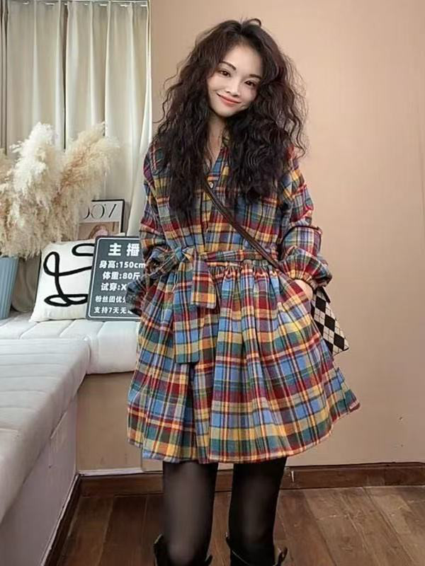 大きいサイズ レトロ リボン締め ウエスト締め チェック柄シャツ ヒップカバー スリム効果 ロングスリーブ ワンピース