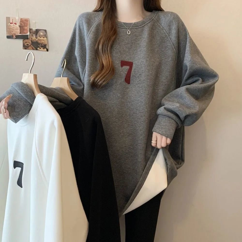 大きいサイズ フリース裏地 増厚デザイン ミッドカラー ヒップカバー 秋冬用 ルーズフィット カジュアル スリム効果 ワ