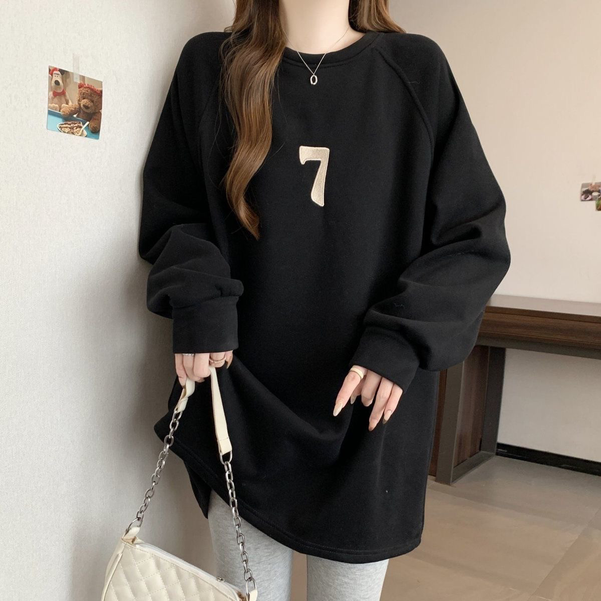 大きいサイズ フリース裏地 増厚デザイン ミッドカラー ヒップカバー 秋冬用 ルーズフィット カジュアル スリム効果 ワ