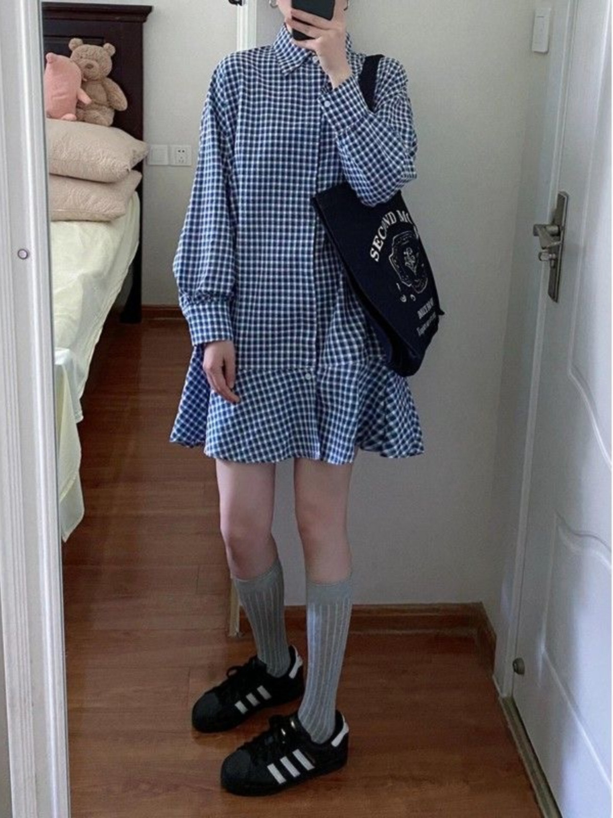 大きいサイズ フレンチデザイン レースカフス チェック柄 シャツ 秋冬用 ルーズフィット ヒップカバー エレガント ミニ