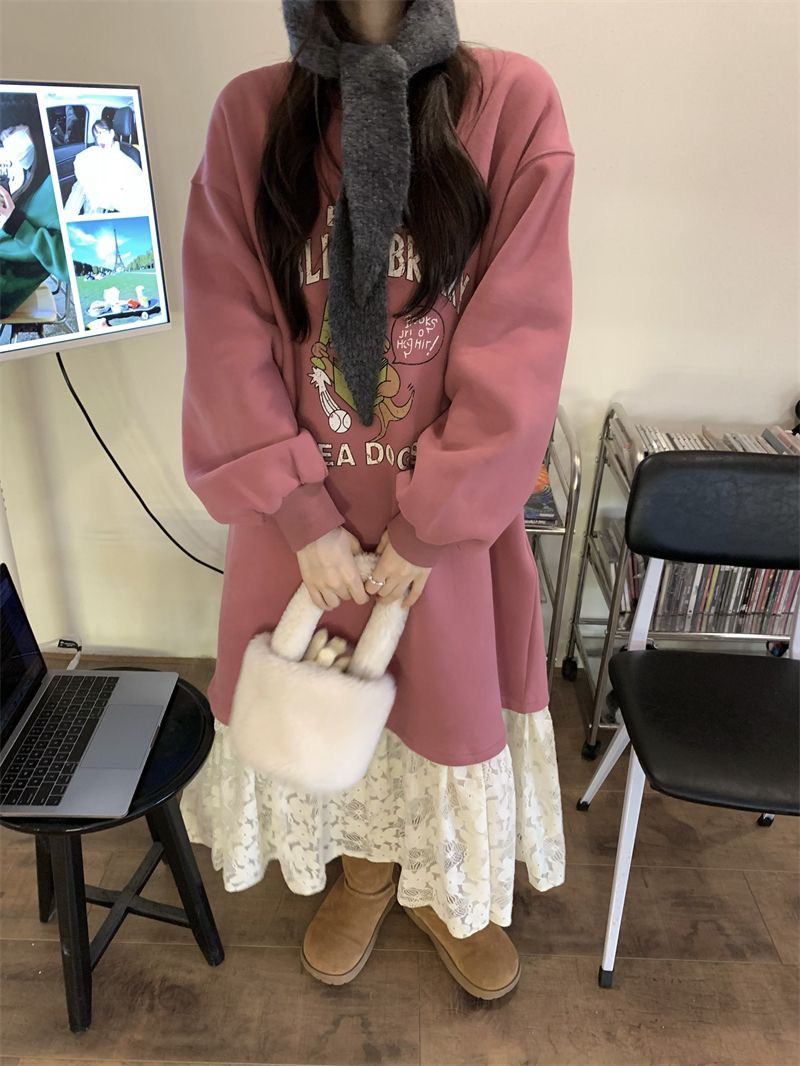 大きいサイズ レトロカートゥーン柄 レースパッチワーク 秋冬ニューモデル ルーズフィット スリム効果 フリース裏地 ロン 5,475円