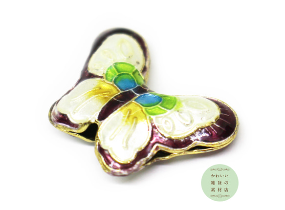 ボルドーの縁どりにホワイト・グリーン・ブルーが美しい蝶の大きめエナメルビーズ（ゴールド／チャーム）#BE-0025 2枚目の画像