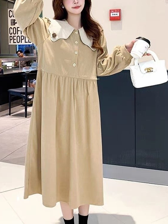 大きいサイズ コーデュロイ素材 ロングスリーブ 秋冬用 ルーズフィット お腹隠し スリム効果 A ライン ドールワンピー