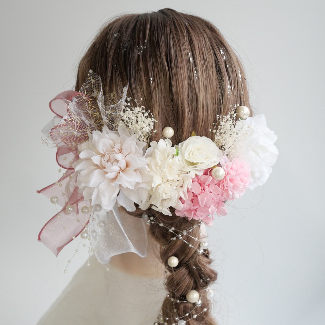 A483 ドライフラワー　髪飾り　ピンク　ダリア　ローズ　卒業式　袴　成人式　振袖　結婚式　和装