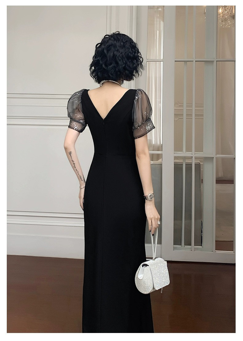 高級感 黒 パフスリーブ パーティードレス シンプル 韓国風 パーティー 演奏会 誕生日 成人式 前撮り HL767