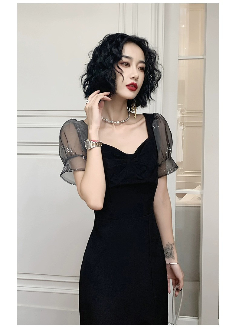 高級感 黒 パフスリーブ パーティードレス シンプル 韓国風 パーティー 演奏会 誕生日 成人式 前撮り HL767