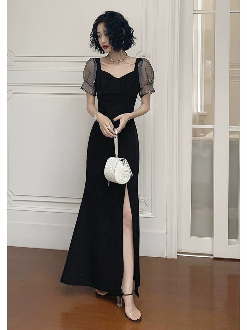 高級感 黒 パフスリーブ パーティードレス シンプル 韓国風 パーティー 演奏会 誕生日 成人式 前撮り HL767
