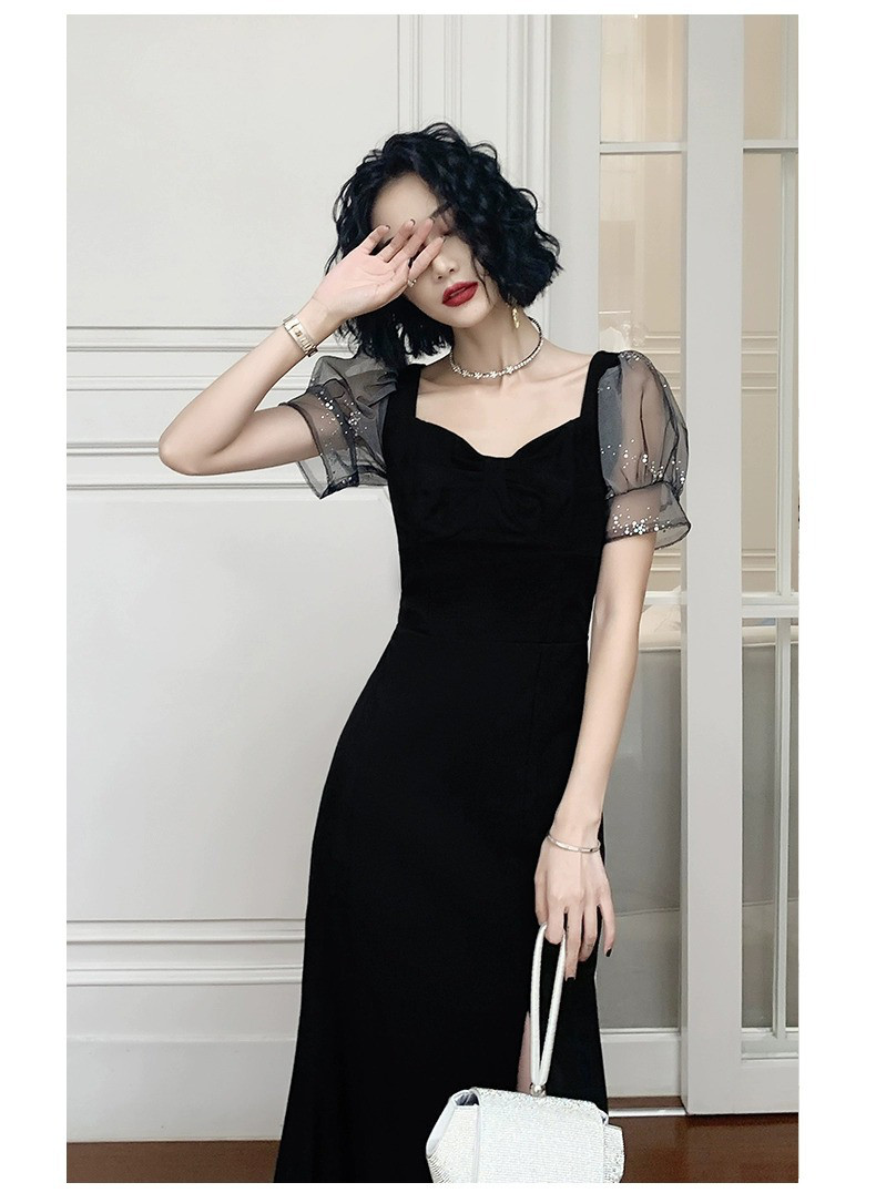 高級感 黒 パフスリーブ パーティードレス シンプル 韓国風 パーティー 演奏会 誕生日 成人式 前撮り HL767