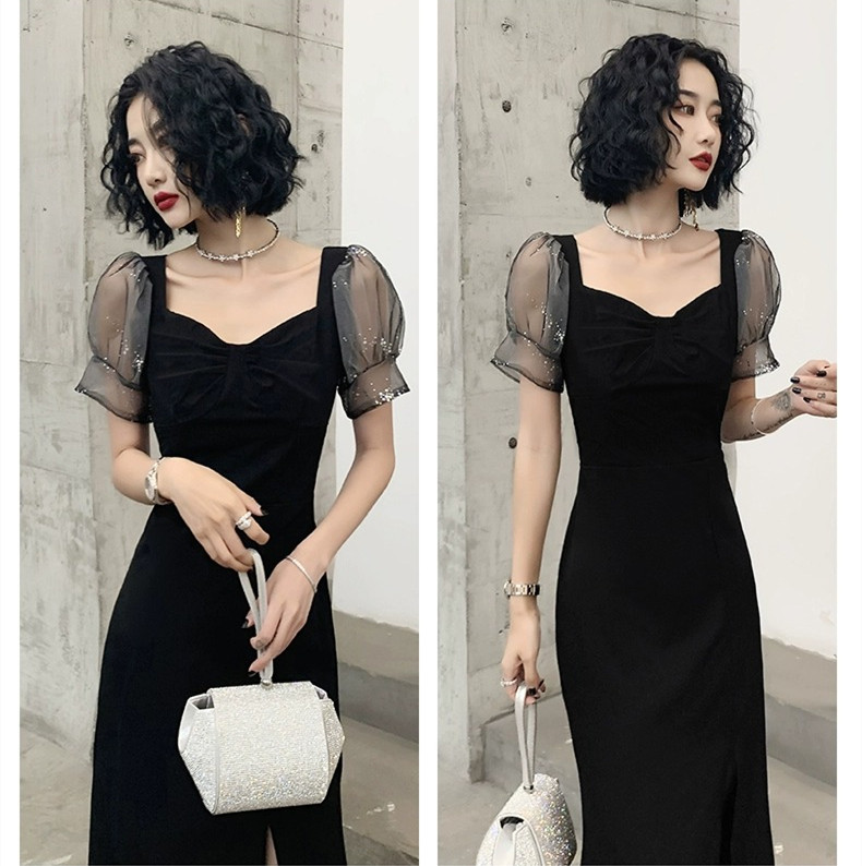 高級感 黒 パフスリーブ パーティードレス シンプル 韓国風 パーティー 演奏会 誕生日 成人式 前撮り HL767