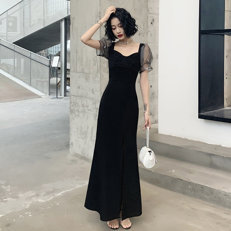 高級感 黒 パフスリーブ パーティードレス シンプル 韓国風 パーティー 演奏会 誕生日 成人式 前撮り HL767