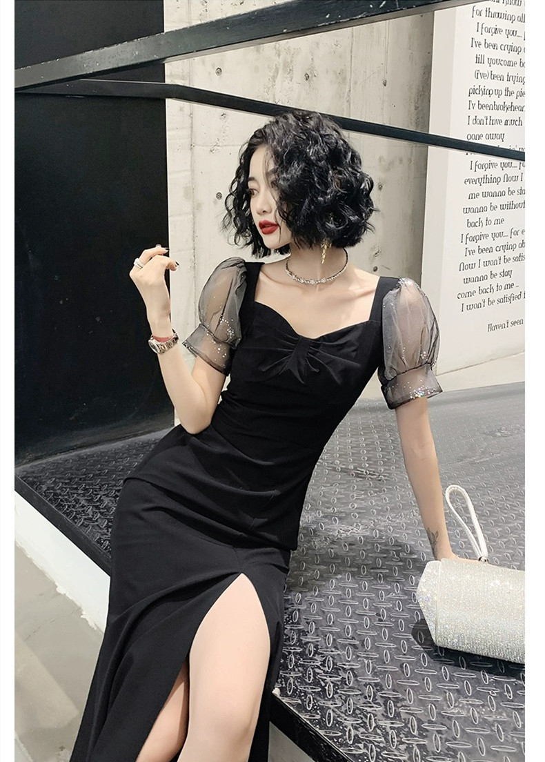 高級感 黒 パフスリーブ パーティードレス シンプル 韓国風 パーティー 演奏会 誕生日 成人式 前撮り HL767