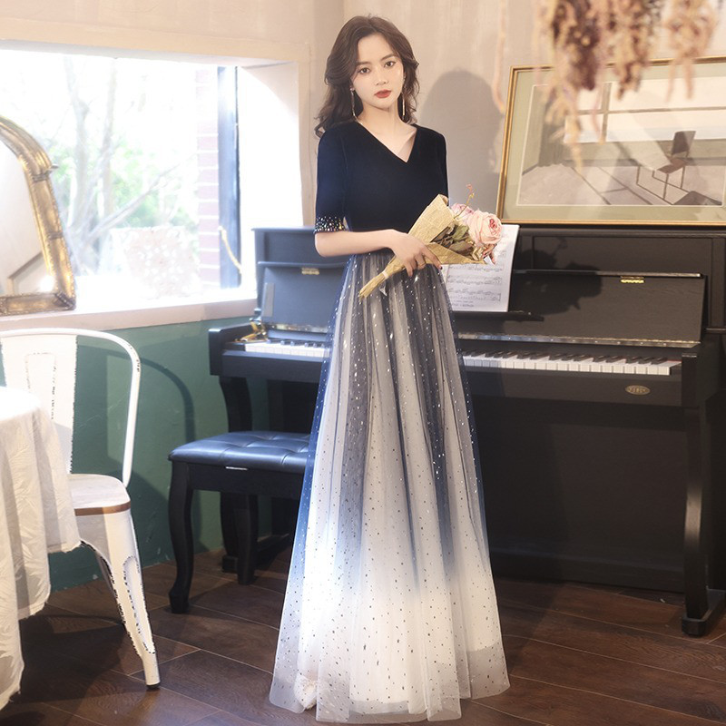 高級感 ネイビー 黒 五分袖 Vネック パーティードレス シンプル 演奏会 大合唱 誕生日 成人式 前撮り HL769