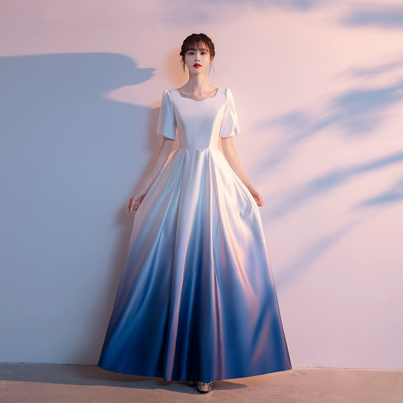 高級感 青 半袖 パーティードレス シンプル 優雅 韓国風 演奏会 大合唱 誕生日 成人式 前撮り HL770