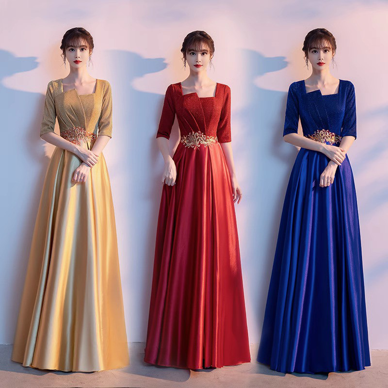 高級感 赤 青 ゴールド 半袖 パーティードレス シンプル 韓国風 演奏会 大合唱 誕生日 前撮り HL773
