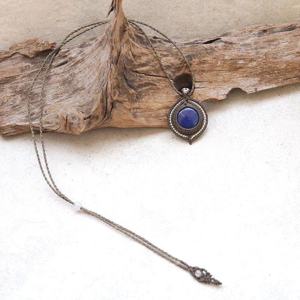 ラピスラズリ天然石マクラメネックレス mac440エスニックアジアンエキゾチックな金属アレルギーフリーアクセサリー 5枚目の画像