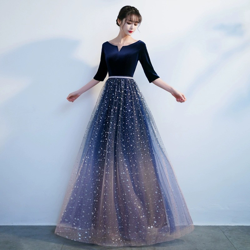 高級感 ネイビー ベロア 五分袖 パーティードレス シンプル 韓国風 演奏会 大合唱 誕生日 成人式 前撮り HL774