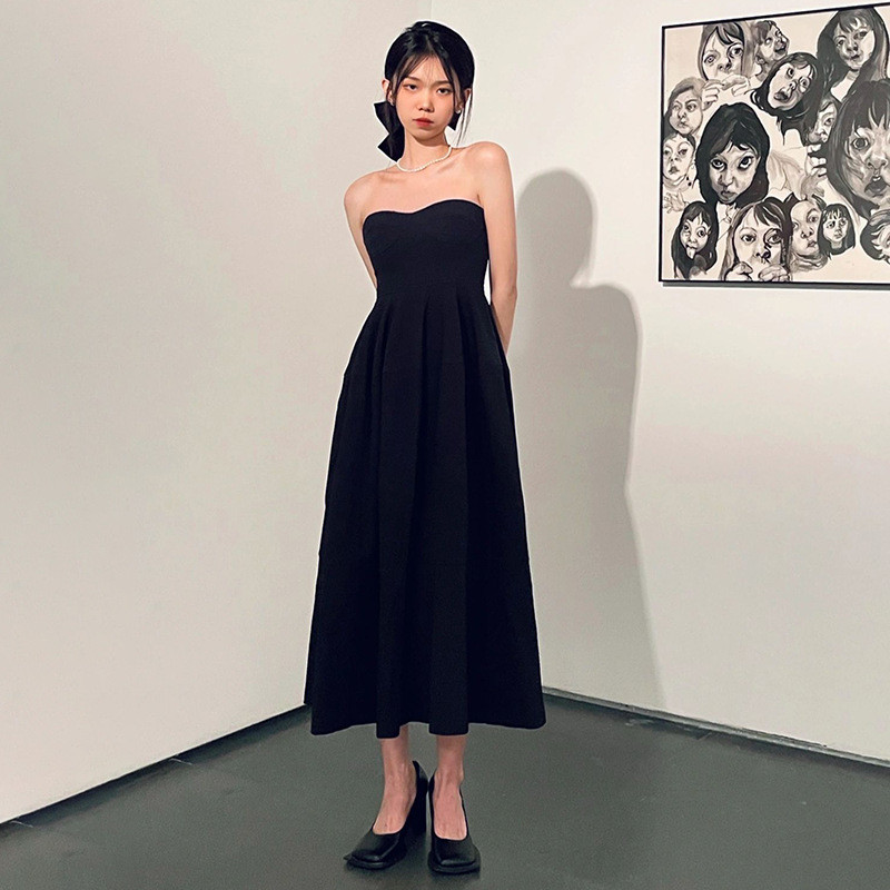 高級感 黒 オフショルダー パーティードレス シンプル 韓国風 演奏会 誕生日 成人式 前撮り HL783