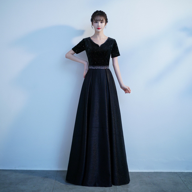 高級感 黒 五分袖 Vネック パーティードレス シンプル 韓国風 演奏会 大合唱 誕生日 前撮り HL786