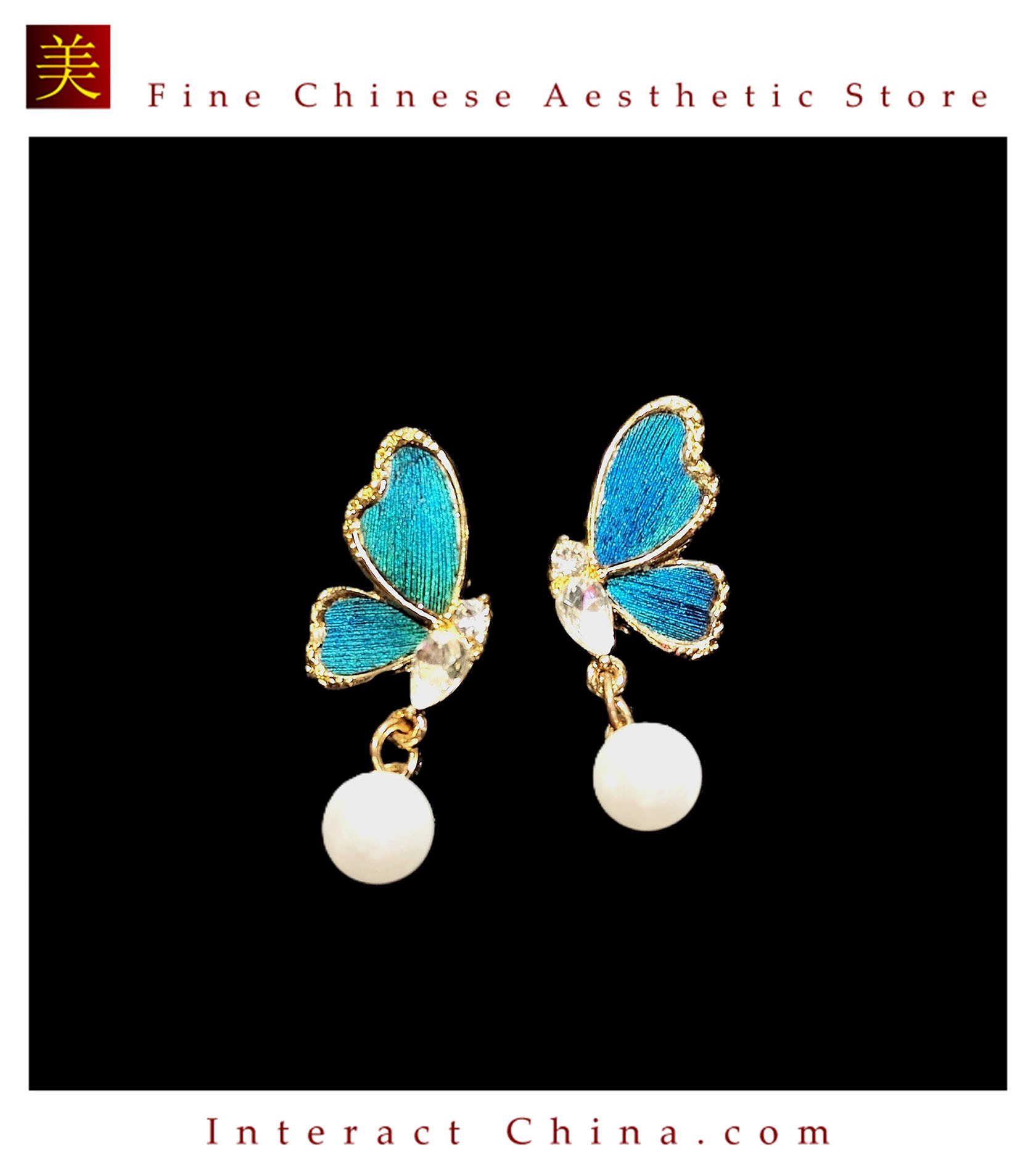 中国無形文化遺産 点翠蝶真珠ピアス100% 手作り クジャク羽毛＋銅メッキ 18K 金＋淡水真珠 古典雅趣#105