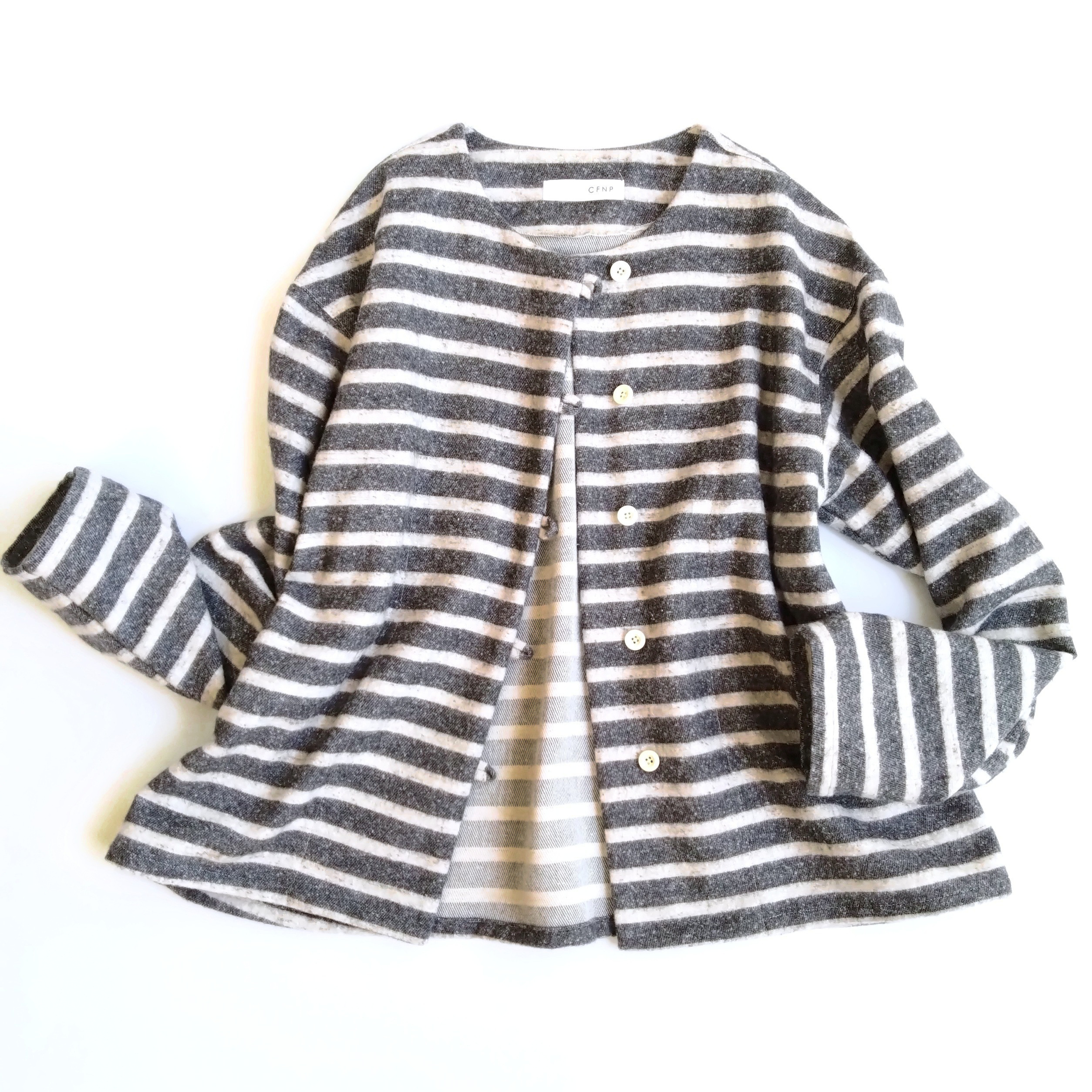 【期間限定送料無料!】再販！新！ジャズネップコットンツイードのトップ２  先染めナチュラルボーダー  グレー