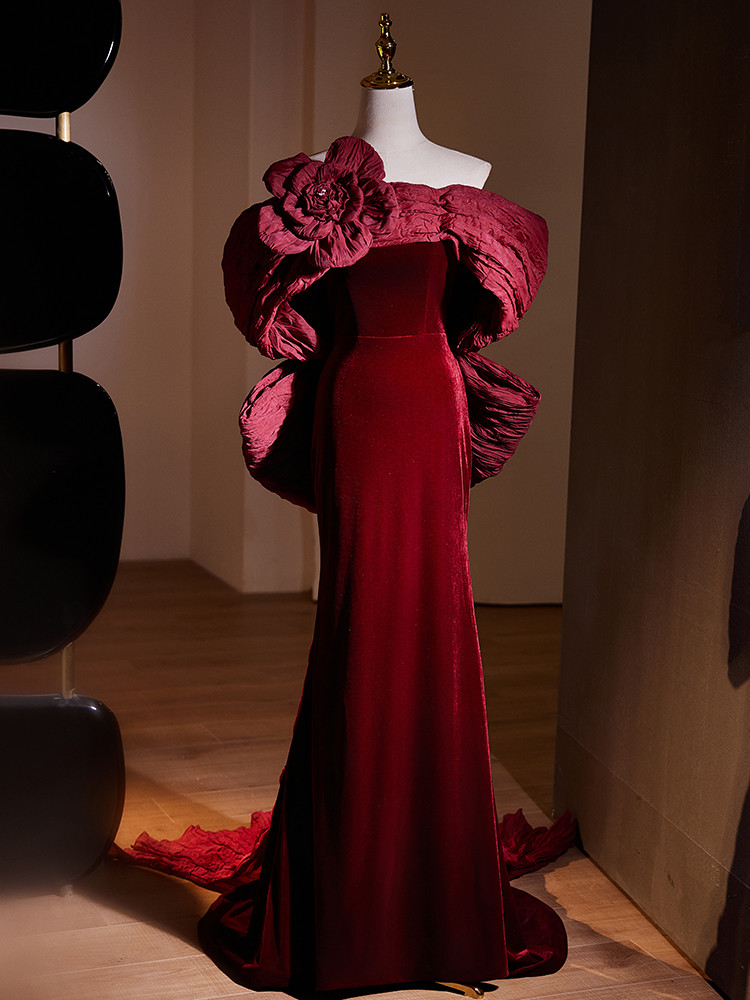 綺麗 ボルドー ベロア 花 バックリボン パーティードレス 花嫁 誕生日 演奏会 二次会 前撮り 披露宴 08761