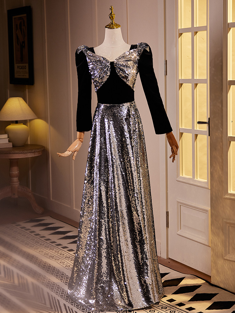 綺麗 シルバー 長袖 スパンコール キラキラ パーティードレス 誕生日 演奏会 二次会 前撮り 披露宴 08758