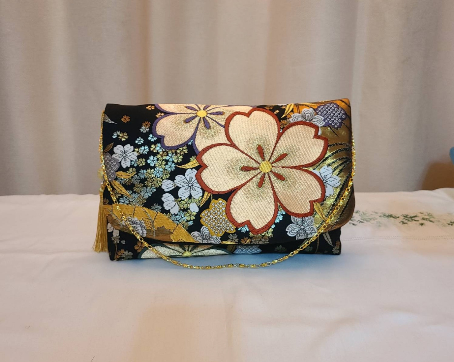 桜花模様シルク着物帯のハンドメイド2ways クラッチバック