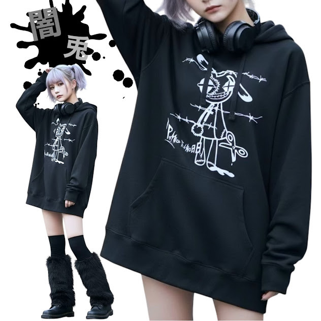 サブカル うさぎ パーカー 病みかわいい 黒パーカー 地雷 サブカル地雷 大きいサイズ オリジナル ハンドメイド イラス