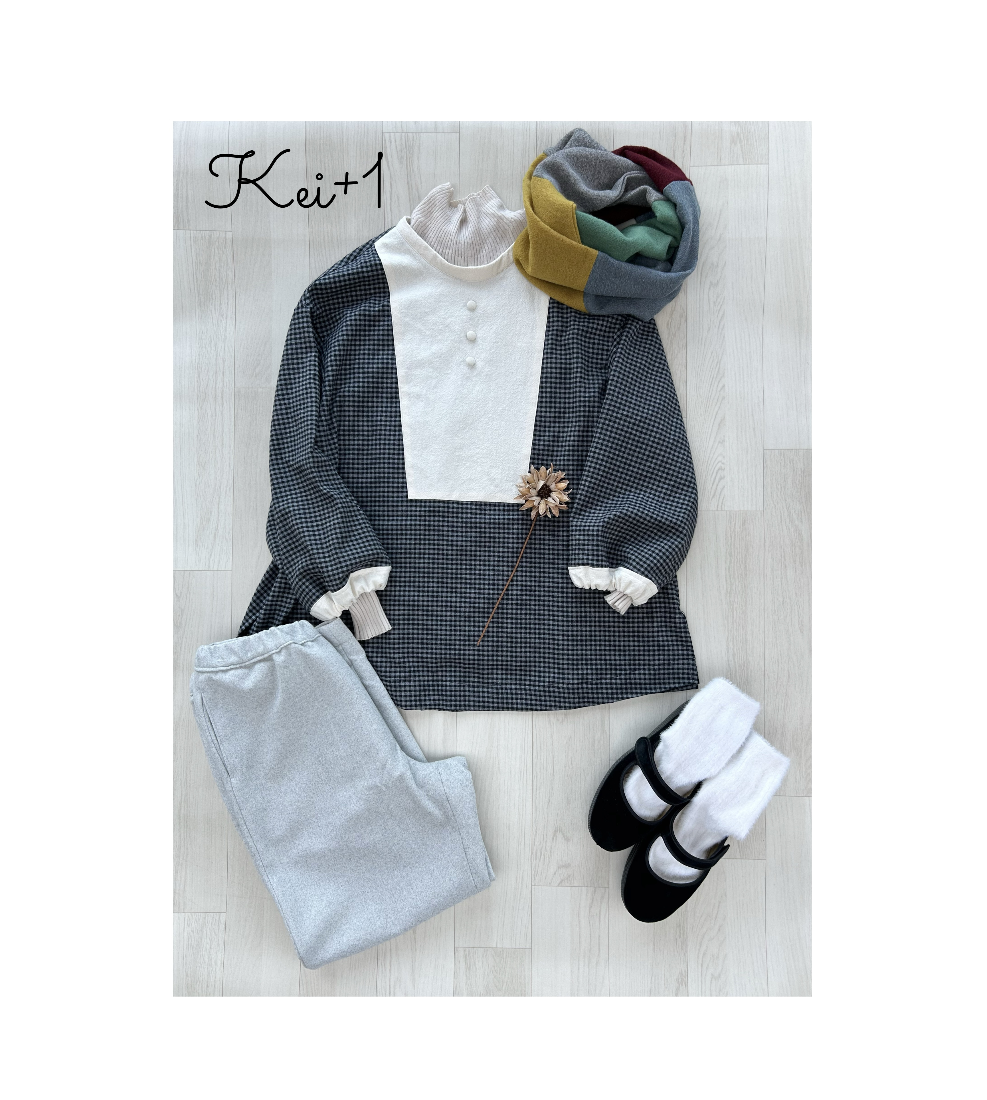 スクエア切替ブラウス　ギンガムチェック　ブラック×グレー