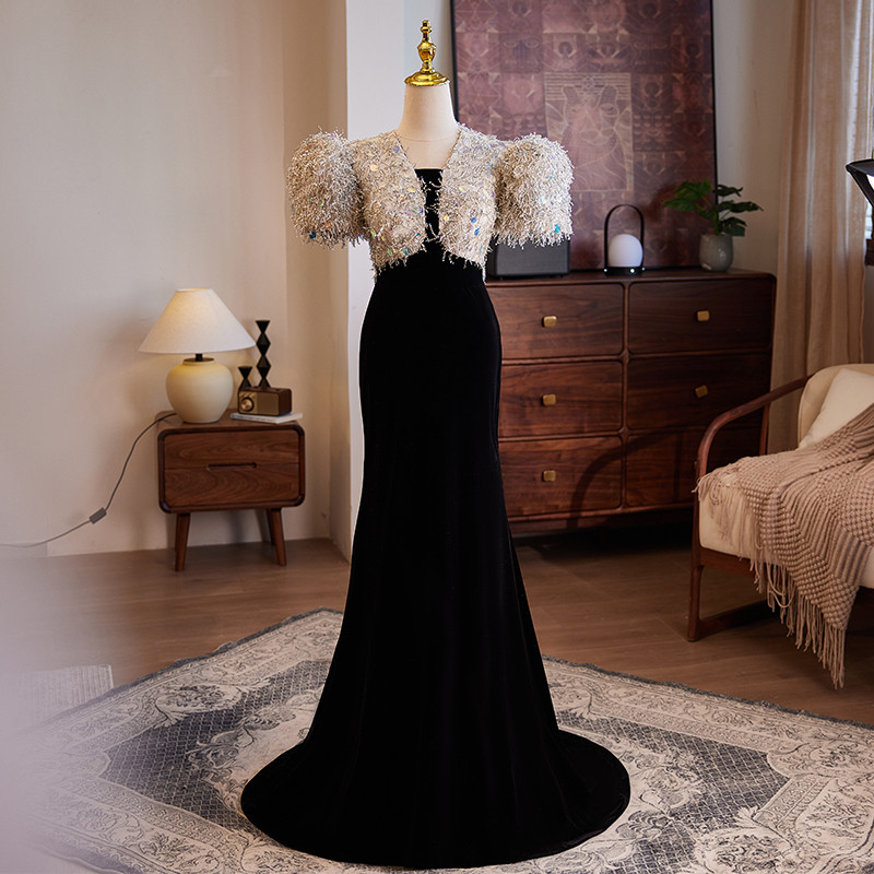 綺麗 黒 半袖 マーメイドドレス 裾引き 優雅 高級感 花嫁 誕生日 演奏会 二次会 前撮り 披露宴 08743