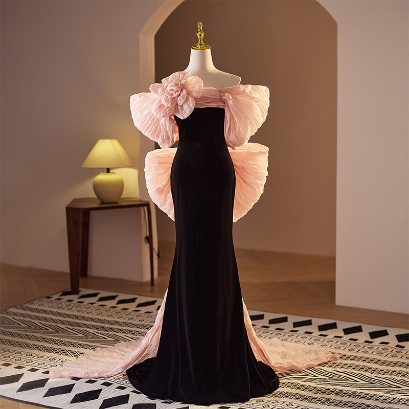 綺麗 黒 オフショルダー 花 リボン パーティードレス 裾引き 花嫁 誕生日 演奏会 二次会 前撮り 披露宴 08740