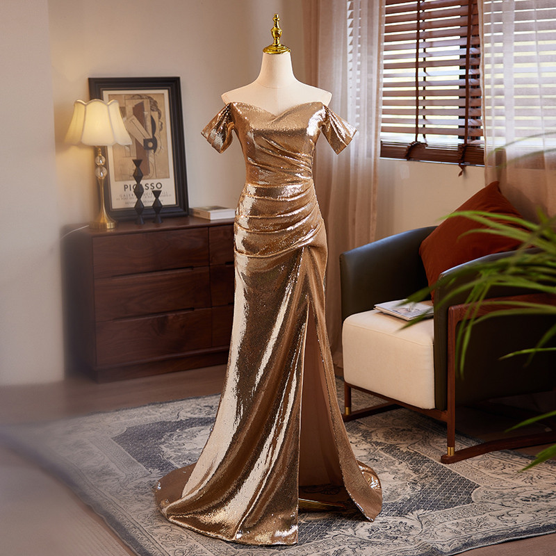 綺麗 シャンパン色 オフショルダー キラキラ マーメイドドレス 誕生日 演奏会 二次会 前撮り 披露宴 08739