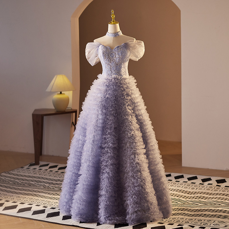 綺麗 青 オフショルダー ふわふわ パーティードレス プリンセス 誕生日 演奏会 二次会 前撮り 披露宴 08741