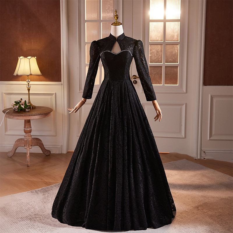 綺麗 黒 レース 長袖 パーティードレス シンプル 高級感 誕生日 演奏会 二次会 前撮り 披露宴 08737