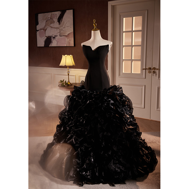綺麗 黒 オフショルダー ふわふわ パーティードレス 高級感 誕生日 演奏会 二次会 前撮り 披露宴 08736