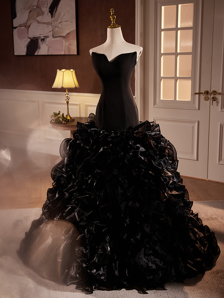 綺麗 黒 オフショルダー ふわふわ パーティードレス 高級感 誕生日 演奏会 二次会 前撮り 披露宴 08736