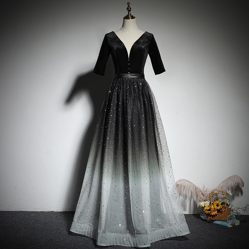 高級感 黒 半袖 Vネック パーティードレス シンプル 綺麗 韓国風 演奏会 誕生日 成人式 前撮り HL791