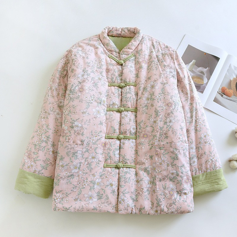 花柄プリント レディース ピンク中綿ジャケット