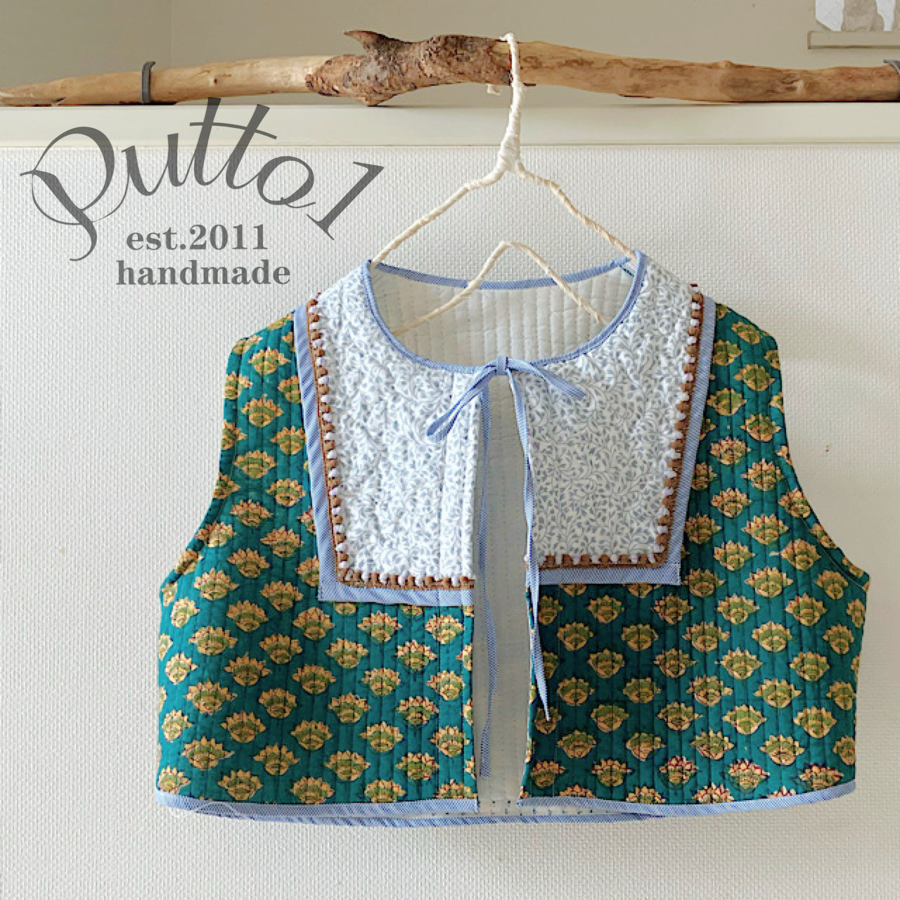 7着限定【受注生産】インド綿ブロックプリントキルティングの春待ちカラフル　ショート丈ベスト