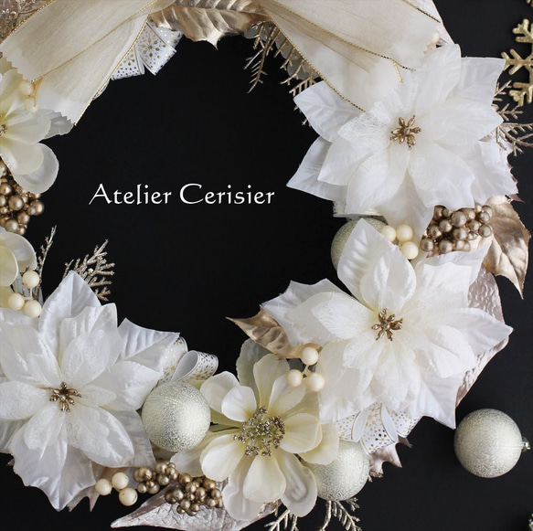 ・☆クリスマスリース ポインセチア アネモネ＜ホワイト＆シャンパンゴールド＞3６センチ 3枚目の画像