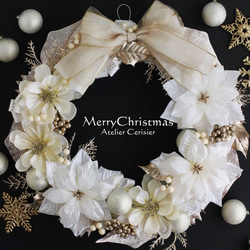 ・☆クリスマスリース ポインセチア アネモネ＜ホワイト＆シャンパンゴールド＞3６センチ 1枚目の画像