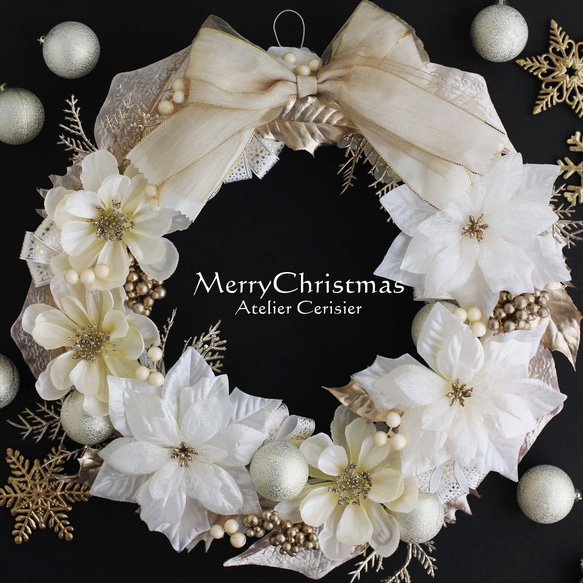 ・☆クリスマスリース ポインセチア アネモネ＜ホワイト＆シャンパンゴールド＞3６センチ 1枚目の画像