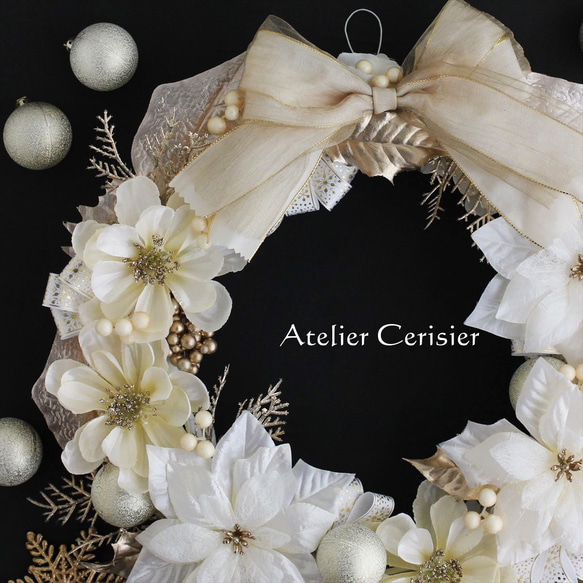 ・☆クリスマスリース ポインセチア アネモネ＜ホワイト＆シャンパンゴールド＞3６センチ 2枚目の画像