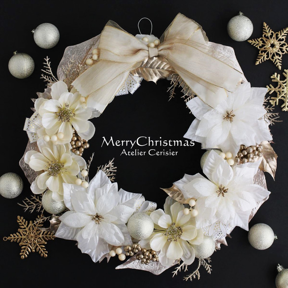・☆クリスマスリース ポインセチア アネモネ＜ホワイト＆シャンパンゴールド＞3６センチ 4枚目の画像