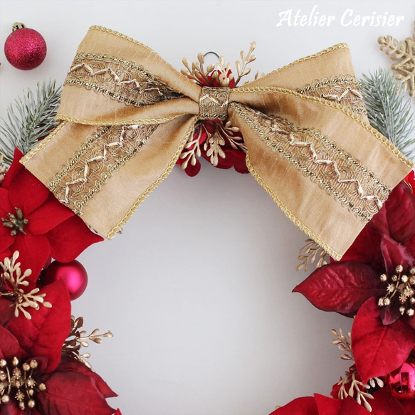 ・☆クリスマスリース ポインセチア ローズ＜レッド＆プラチナゴールド＞3９センチ 4枚目の画像