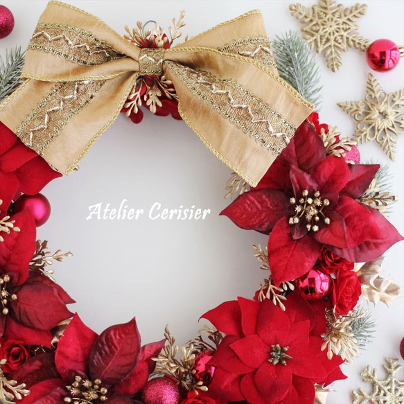 ・☆クリスマスリース ポインセチア ローズ＜レッド＆プラチナゴールド＞3９センチ 2枚目の画像