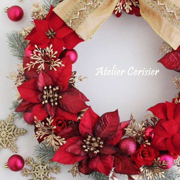 ・☆クリスマスリース ポインセチア ローズ＜レッド＆プラチナゴールド＞3９センチ 3枚目の画像